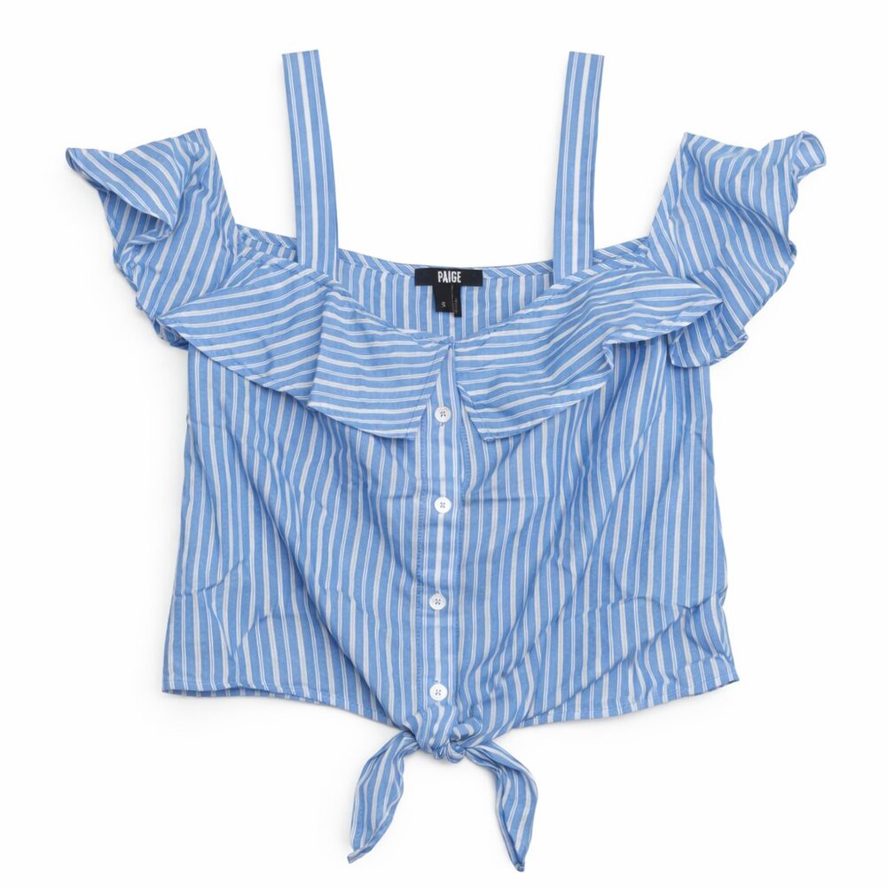 PAIGE Blue & White Stripe Ruffle Tie-Front Crop Top | Size S